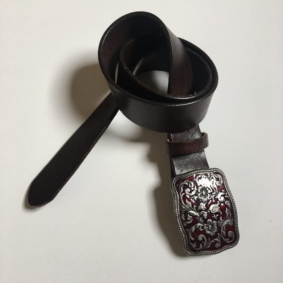 Vintage Boho Italy GAP Floral Enamel Buckle Brown Leather Belt S - Picture 1 of 8